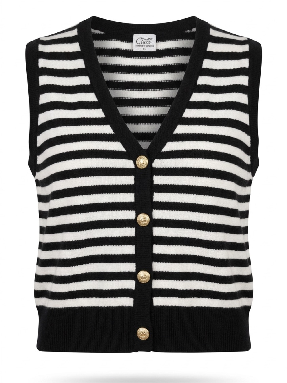 Cielo Black and White Striped Sleeveless Button Vest